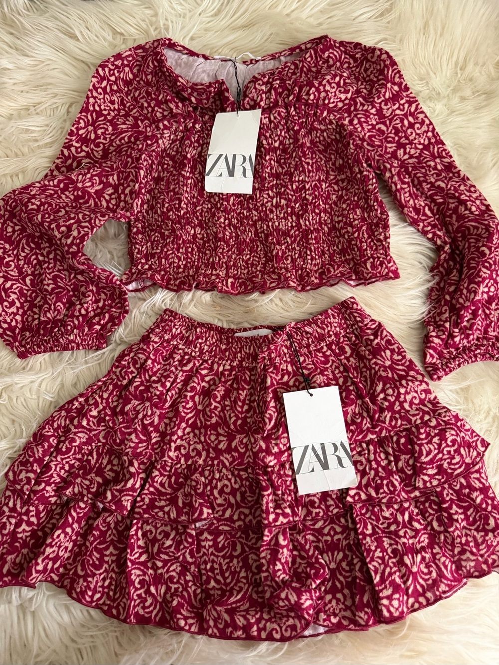 ZARA Girls' Fuchsia Floral Smocked Top & Tiered Skirt Set